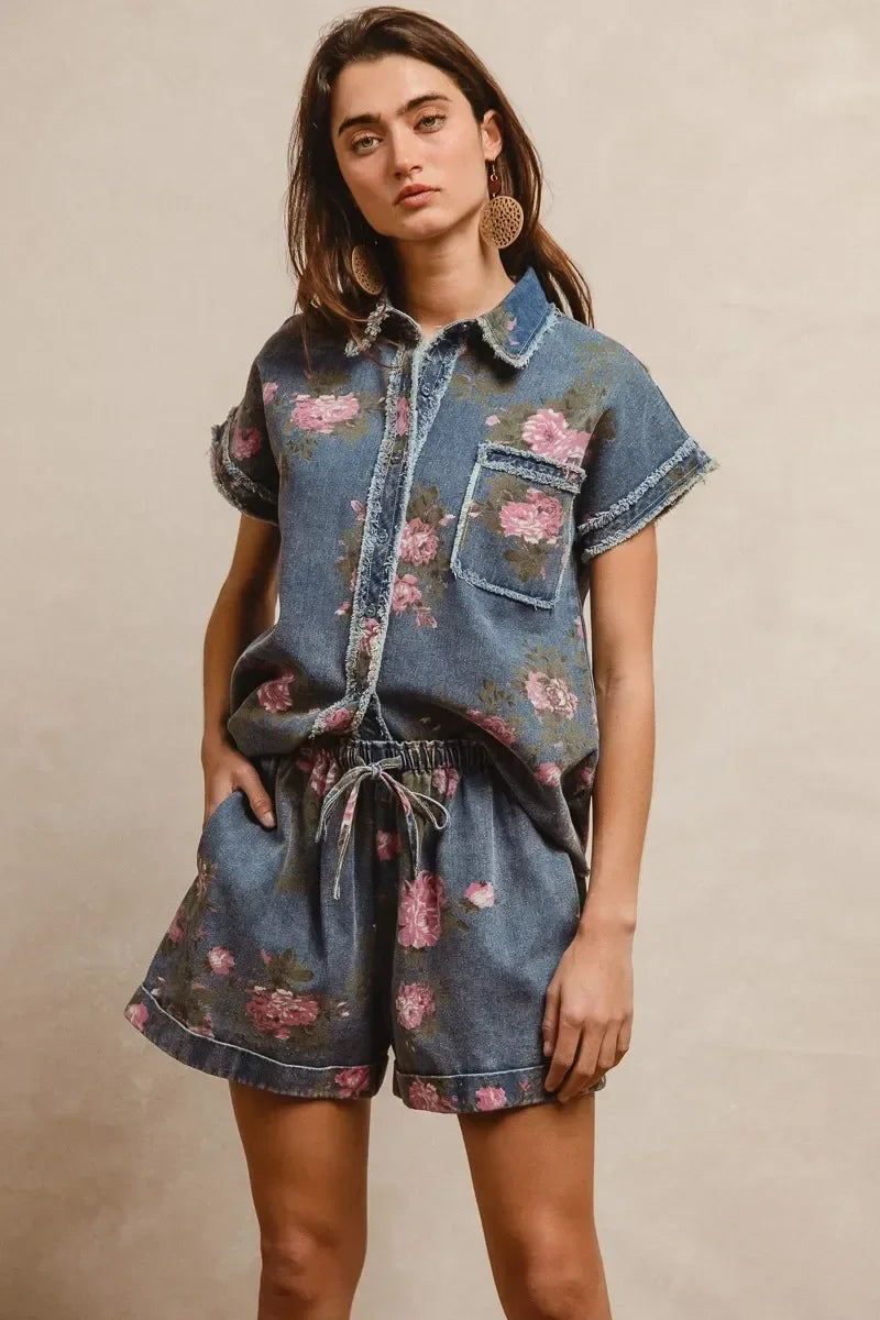 Printed Denim Short Pants With Pocket - Eva's Edition
