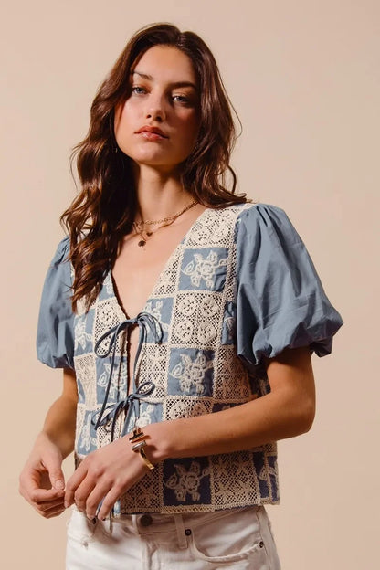 Crochet Lace Tie Front V Neck Blouse Top - Eva's Edition
