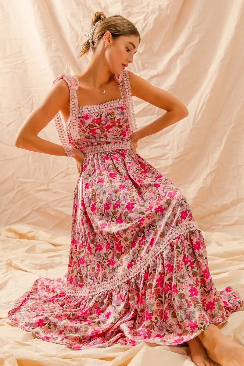 Floral Maxi Dress With Ribbon Tie Lace Strap - Eva's Edition