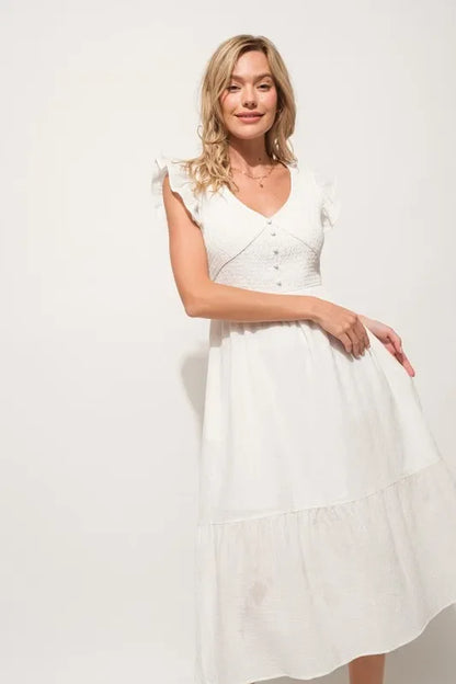 Ruffle Sleeve Front Smocked Tiered Midi Dress - Eva's Edition