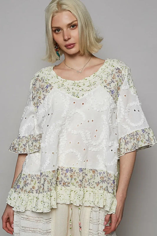 Floral Print Eyelet Ruffled Hem Blouse - Eva's Edition