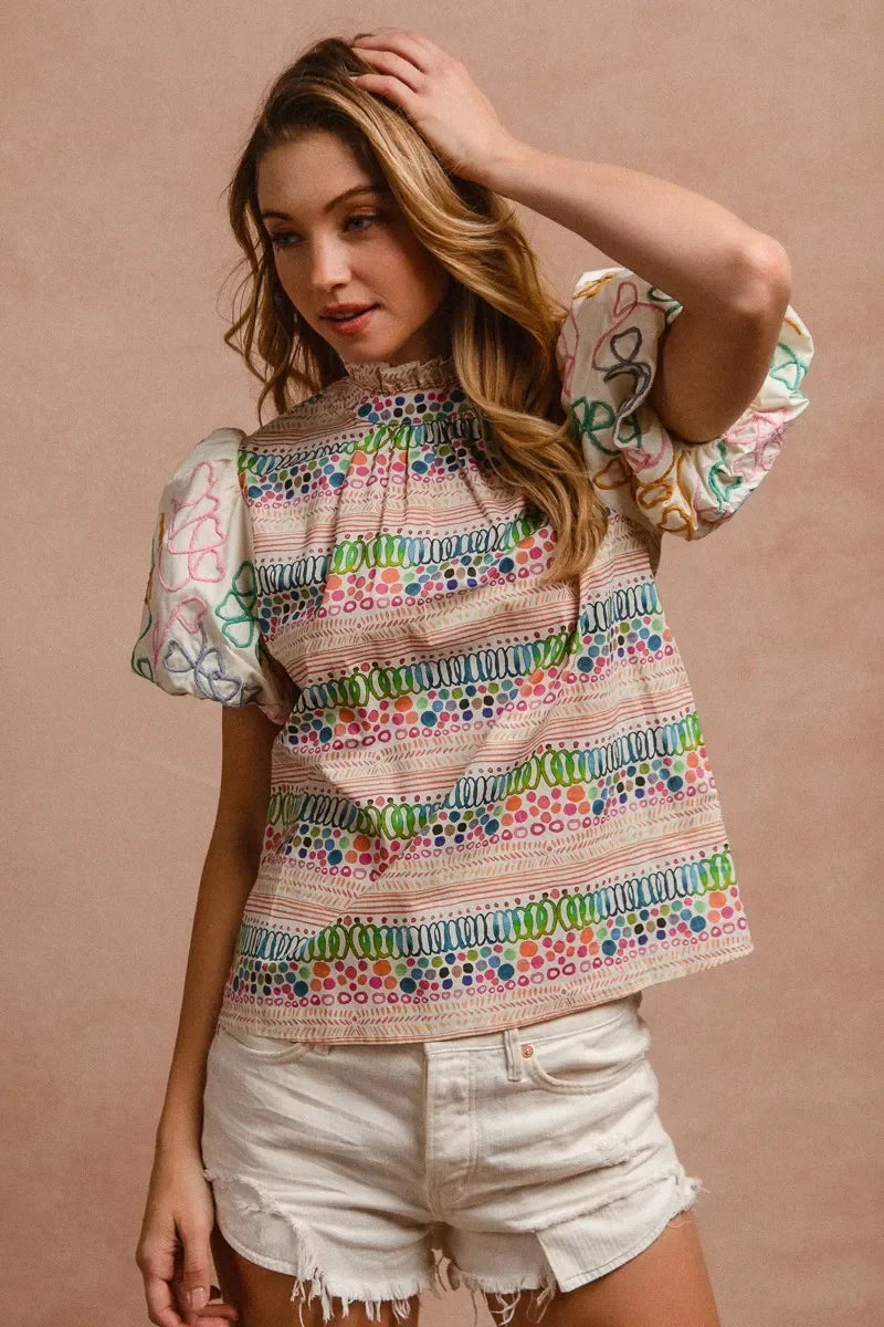 Ruffle Neckline Blouse with Embroidery Bubble Sleeve - Eva's Edition
