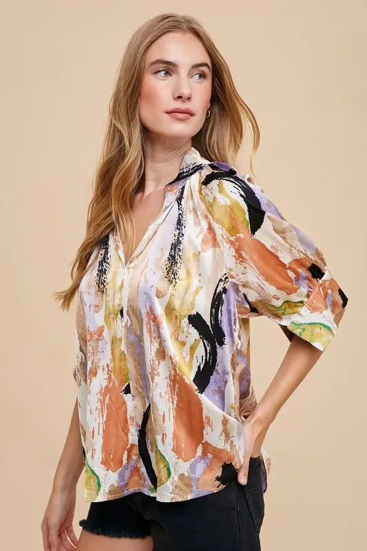 Multi Color Printed V-Neck Open Woven Blouse Top - Eva's Edition