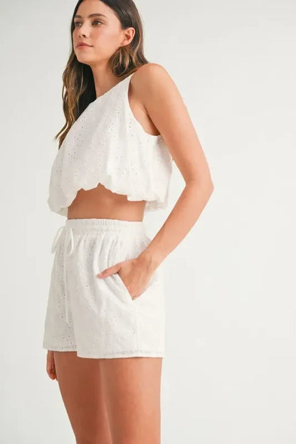 Eyelet Bubble Hem Sleeveless Top and Shorts Set - Eva's Edition