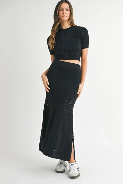 Short Sleeve Crop Top & Slit Skirt Sweater Set - Eva's Edition