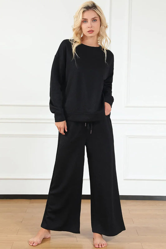 Textured Long Sleeve Top and Drawstring Pants Set - Eva's Edition