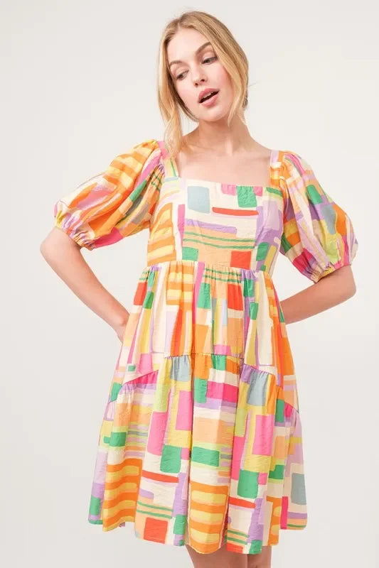 Square Neck Puff Sleeve Geo Printed Mini Dress - Eva's Edition