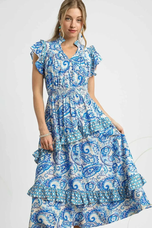 Print Ruffle Sleeve Midi Dress - Eva's Edition