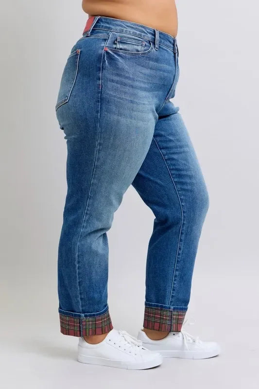 Plaid Print Cuff Bf Jeans Plus Size - Eva's Edition