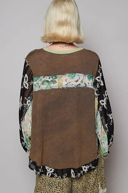 Button Detail Floral Patchwork Crochet Sleeve Blouse - Eva's Edition