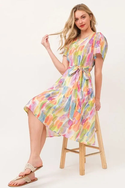 Watercolor Print Tie Front Midi Dress - Eva's Edition