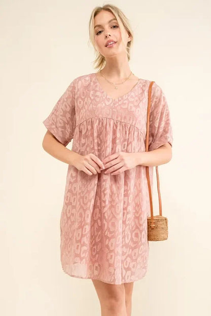 Woven Leopard Baby Doll Roll-Sleeve Casual Dress - Eva's Edition