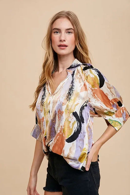 Multi Color Printed V-Neck Open Woven Blouse Top - Eva's Edition