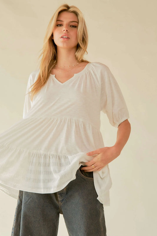 Flared Short Sleeve V Neck Blouse - Eva's Edition