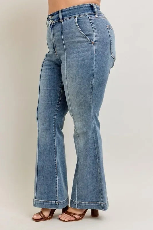 High-Waist Flare Jeans with Front Seam Detail - Eva's Edition