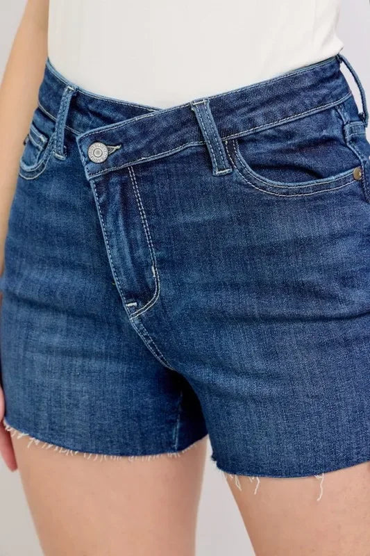 High Waist Criss-Cross Waistband Denim Shorts - Eva's Edition