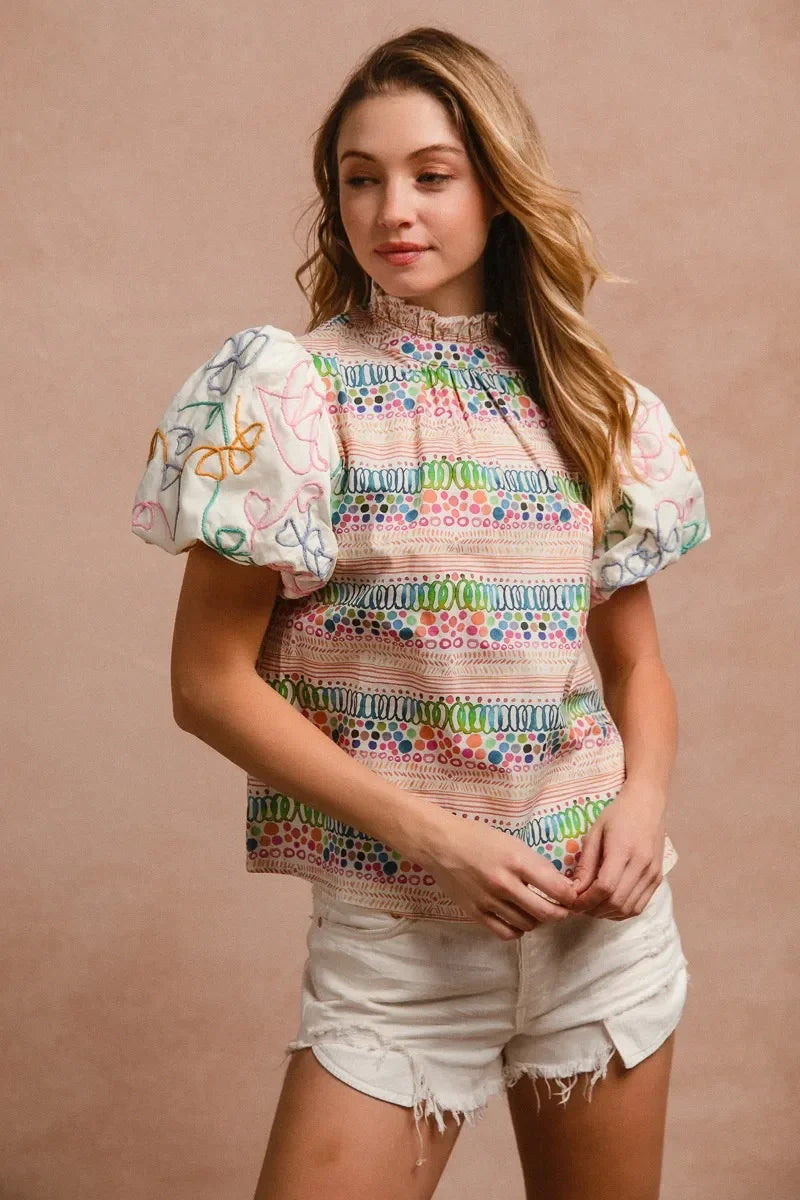 Ruffle Neckline Blouse with Embroidery Bubble Sleeve - Eva's Edition