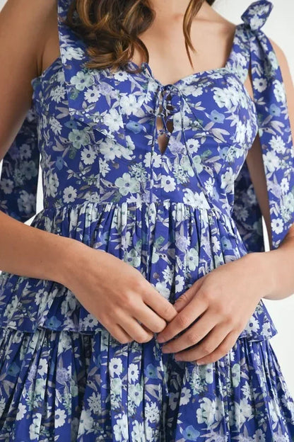 Floral Print Shoulder Tie Layered Mini Dress - Eva's Edition