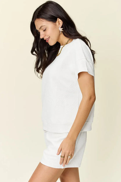Textured Short Sleeve T-Shirt and Drawstring Shorts Set - Eva's Edition