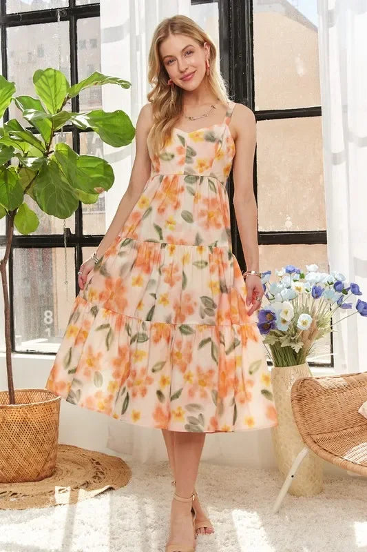 Smocked Back Floral Adjustable Strap Midi Dress - Eva's Edition
