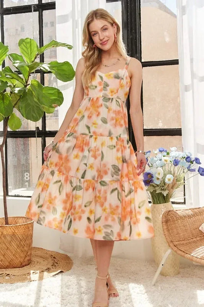 Smocked Back Floral Adjustable Strap Midi Dress - Eva's Edition