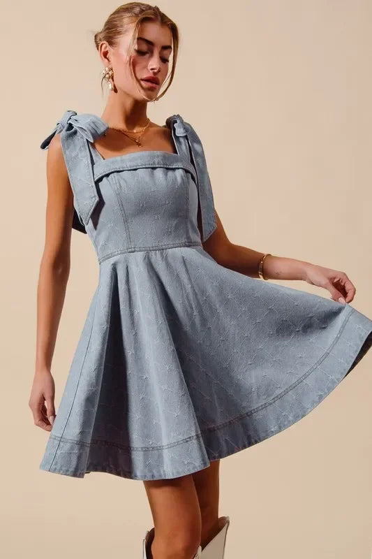 Diamond Bow Ribbon Denim Dres - Eva's Edition
