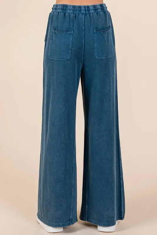 Mineral Wash French Terry Drawstring Wide Leg Pants - Eva's Edition