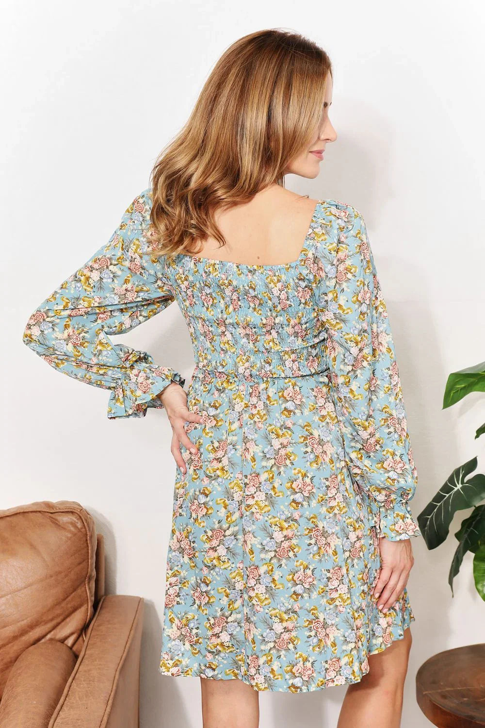 Honey Floral Smocked Flounce Sleeve Square Neck Dress - Eva's Edition