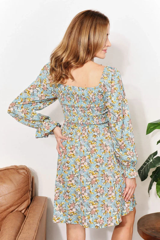 Honey Floral Smocked Flounce Sleeve Square Neck Dress - Eva's Edition