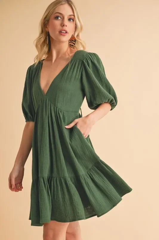 Tied Back Ruffled Short Sleeve Mini Dress - Eva's Edition