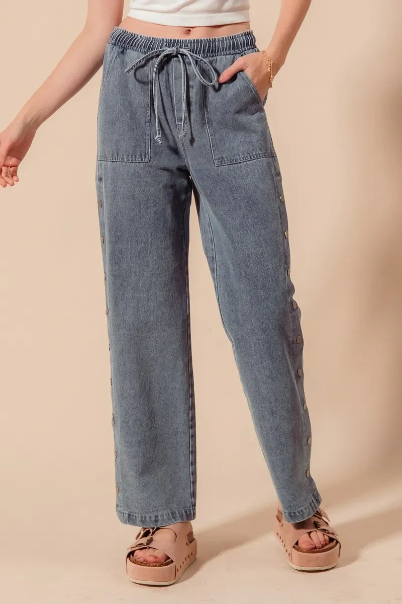 Mid Rise Drawstring Jeans with Side Snap Button - Eva's Edition