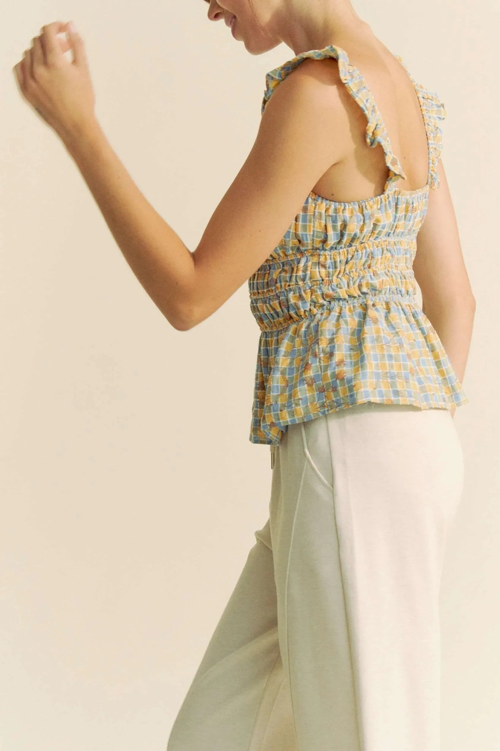 Plaid Ruffled Strap Smocked Sleeveless Top - Eva's Edition