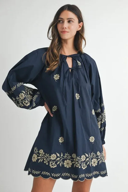 Embroidered Long Sleeve Peasant Mini Dress - Eva's Edition