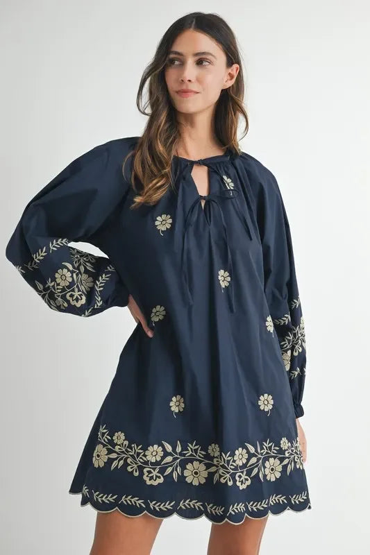 Embroidered Long Sleeve Peasant Mini Dress - Eva's Edition