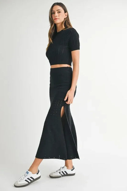 Short Sleeve Crop Top & Slit Skirt Sweater Set - Eva's Edition