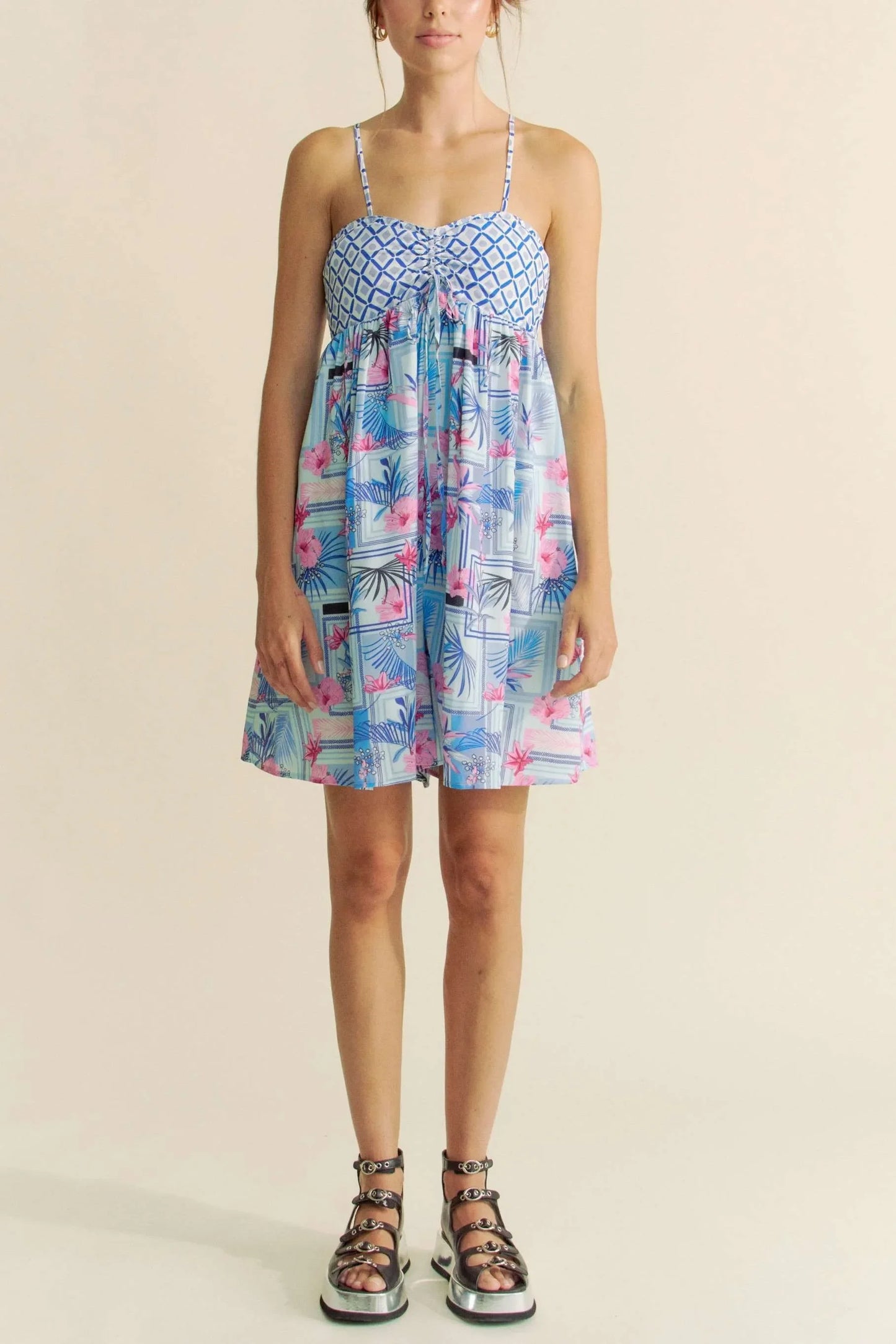 Tropical Floral Geo Print Tie Back Tube Top Romper - Eva's Edition