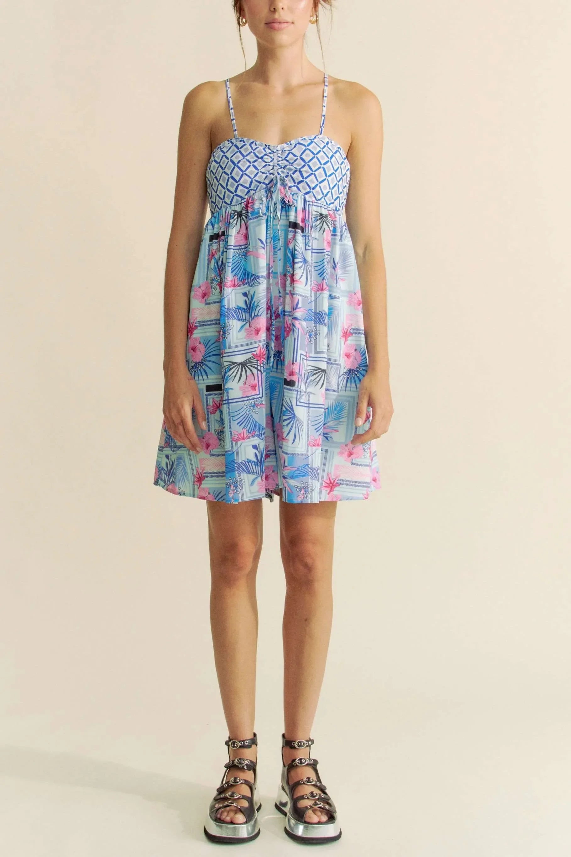 Tropical Floral Geo Print Tie Back Tube Top Romper - Eva's Edition