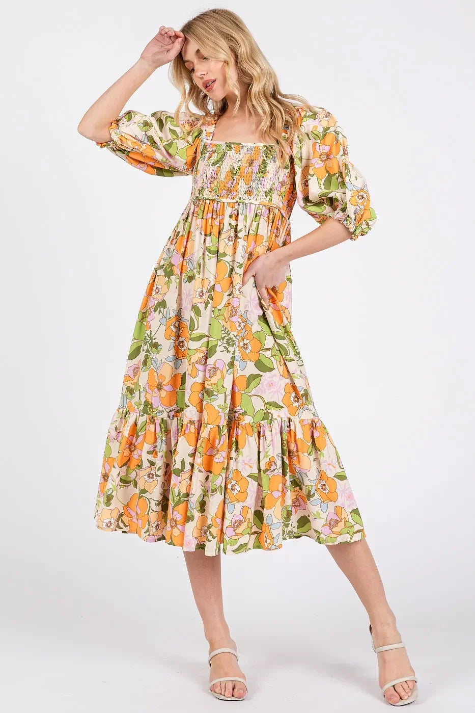 Mittoshop Flower Print Puff Sleeve Ruffle Smocked Midi Dress - Eva's Edition