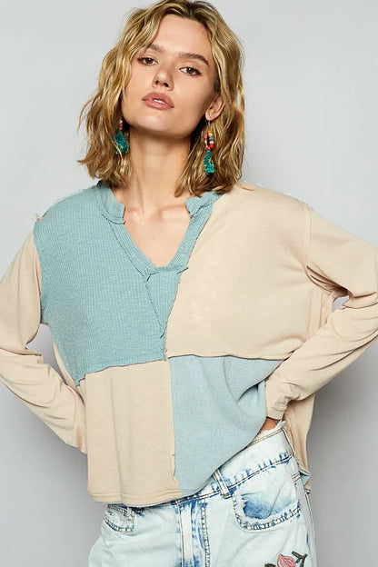 Color Block Notched Long Sleeve T-Shirt - Eva's Edition