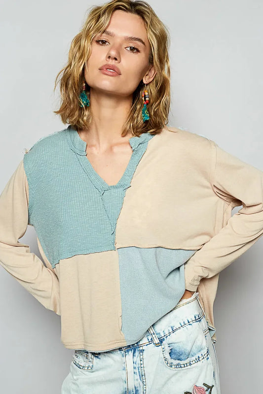Color Block Notched Long Sleeve T-Shirt - Eva's Edition