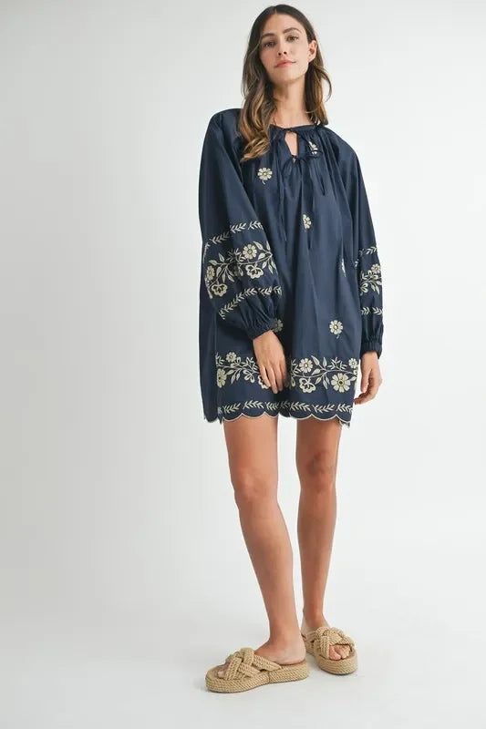 Embroidered Long Sleeve Peasant Mini Dress - Eva's Edition
