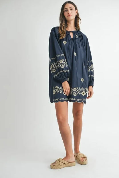Embroidered Long Sleeve Peasant Mini Dress - Eva's Edition