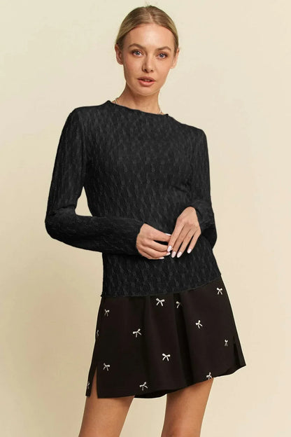 Long Sleeve Sheer Small Embroidered Bows Lace Top - Eva's Edition