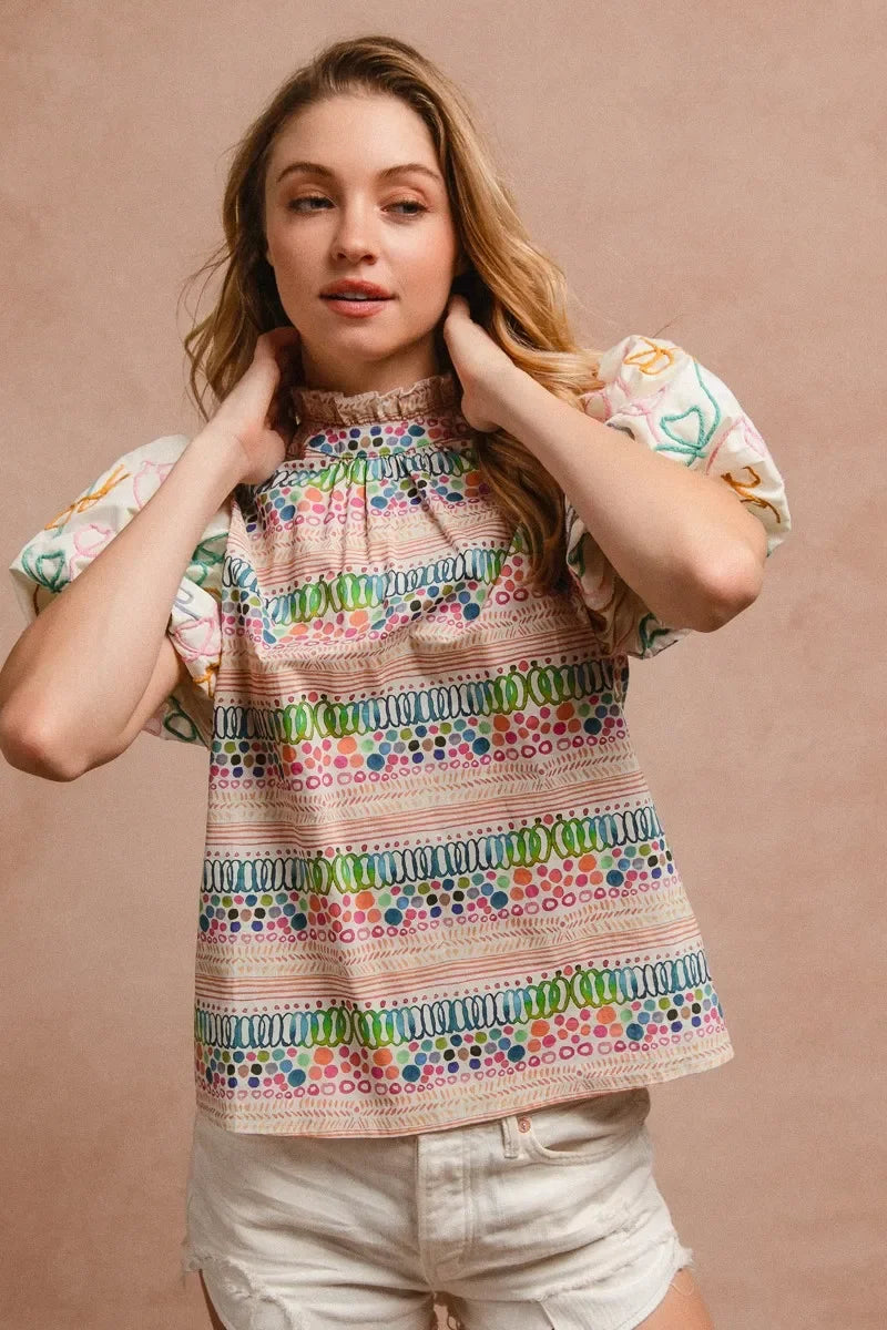 Ruffle Neckline Blouse with Embroidery Bubble Sleeve - Eva's Edition