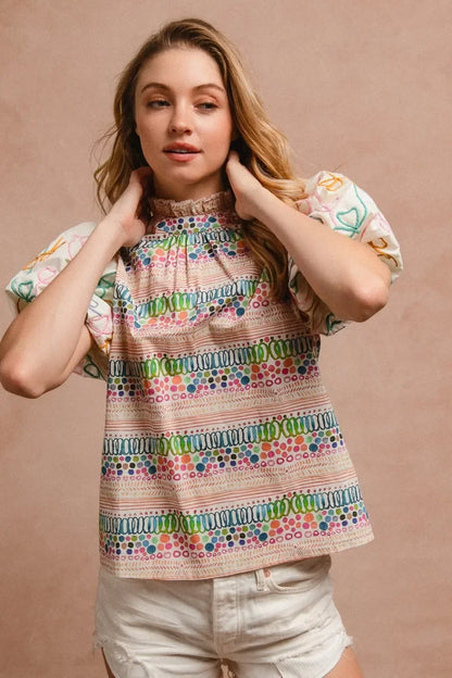 Ruffle Neckline Blouse with Embroidery Bubble Sleeve - Eva's Edition