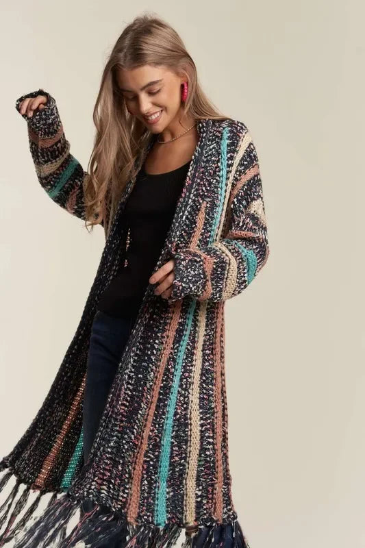 Multi Colour Sweater Long Cardigan with Fringes - Eva's Edition