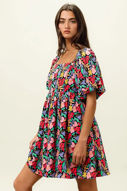 Floral Print Puff Square Neck Dress - Eva's Edition