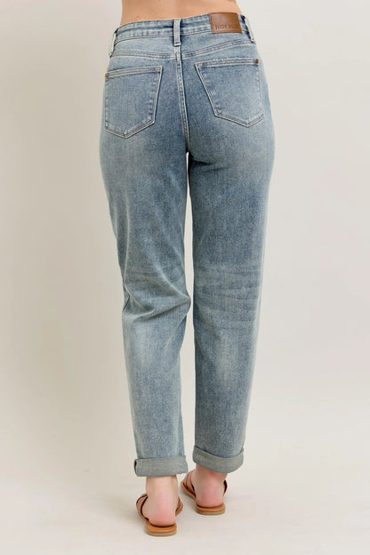 Vintage Wash Double Roll Cuff Bf Jeans Plus Size - Eva's Edition