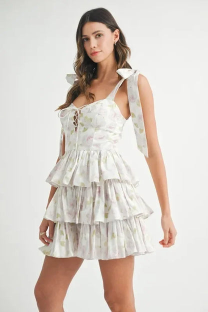 Floral Print Shoulder Tie Layered Mini Dress - Eva's Edition