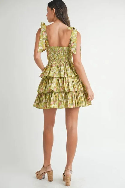Floral Print Shoulder Tie Layered Mini Dress - Eva's Edition